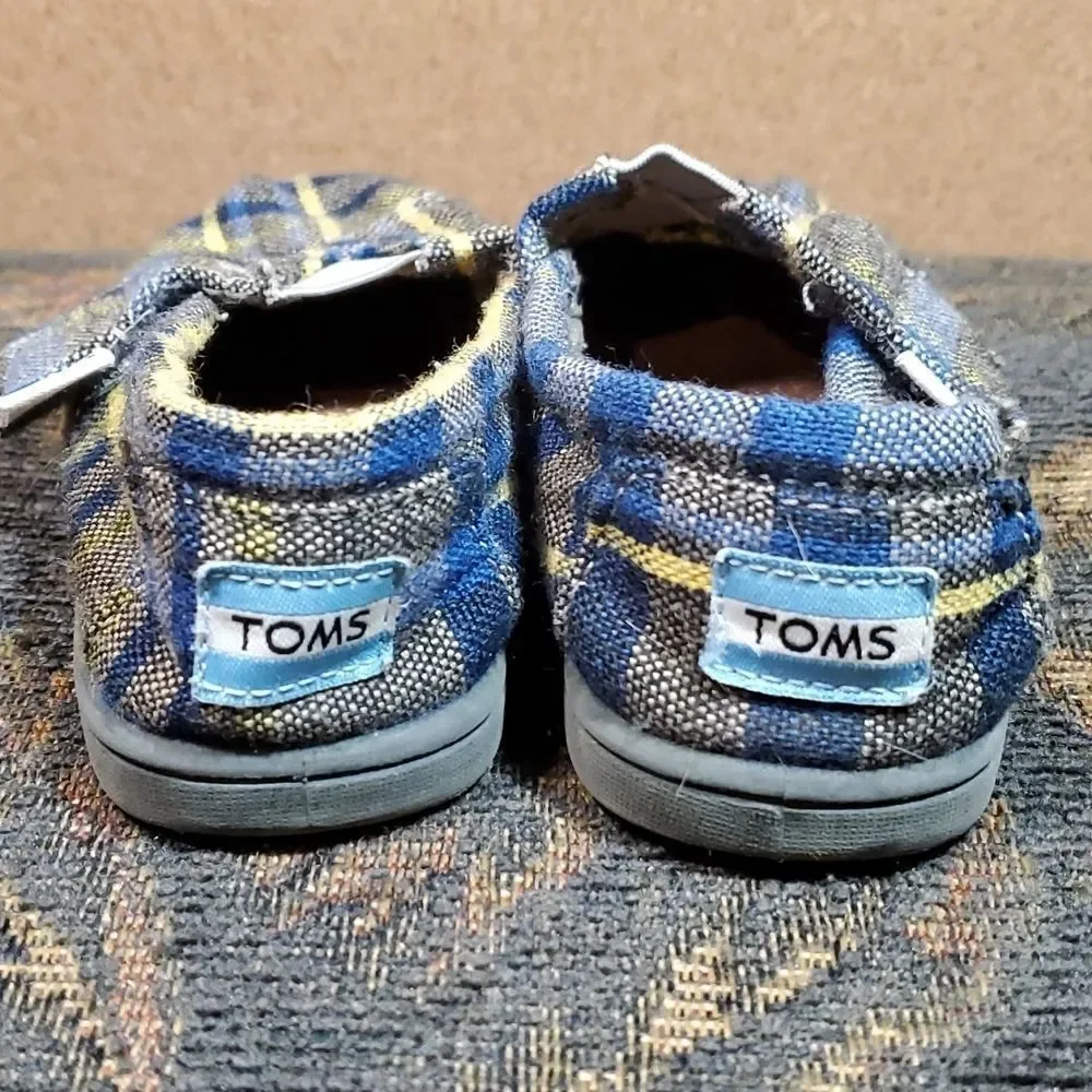 TOMS Grey, Blue and Yellow Plaid Velcro Infant Shoes Size T 7